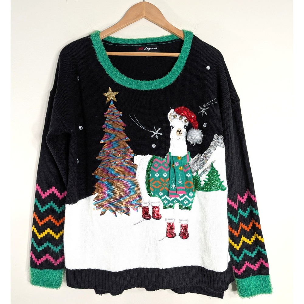Fa La Llama Black Christmas Sweater; Llama Sequin Ugly Holiday Party XL